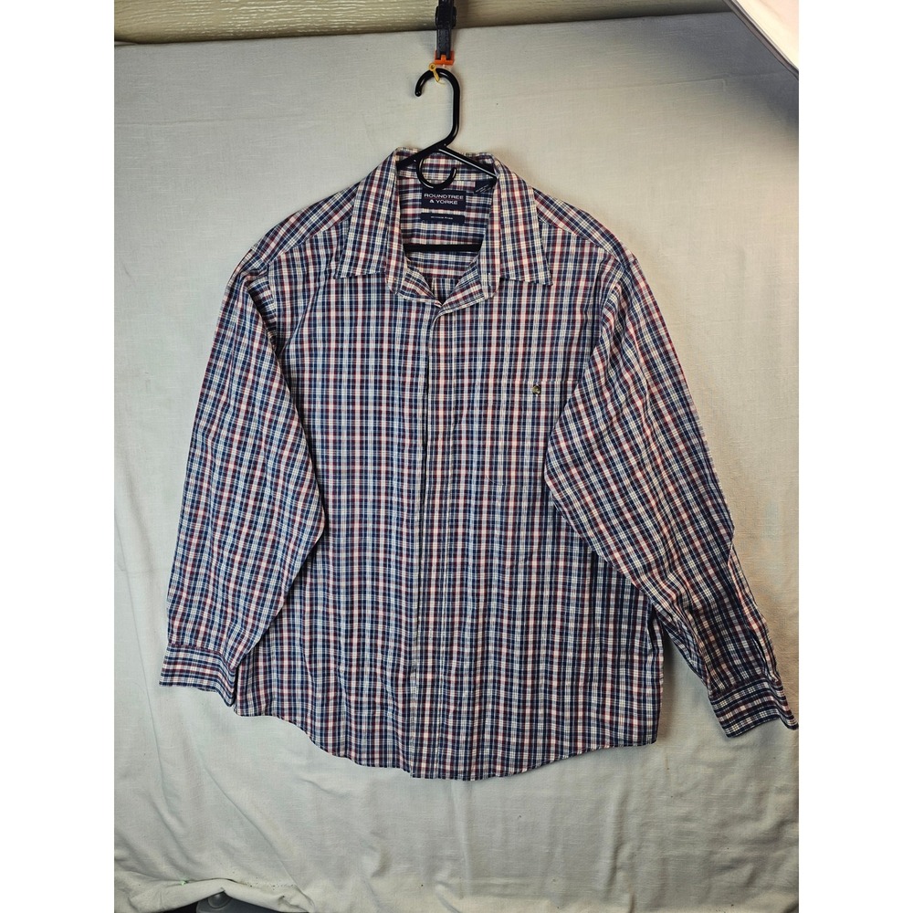 Roundtree & Yorke Mens XXL Plaid Button Down Shirt Red White Blue Wrinkle Free